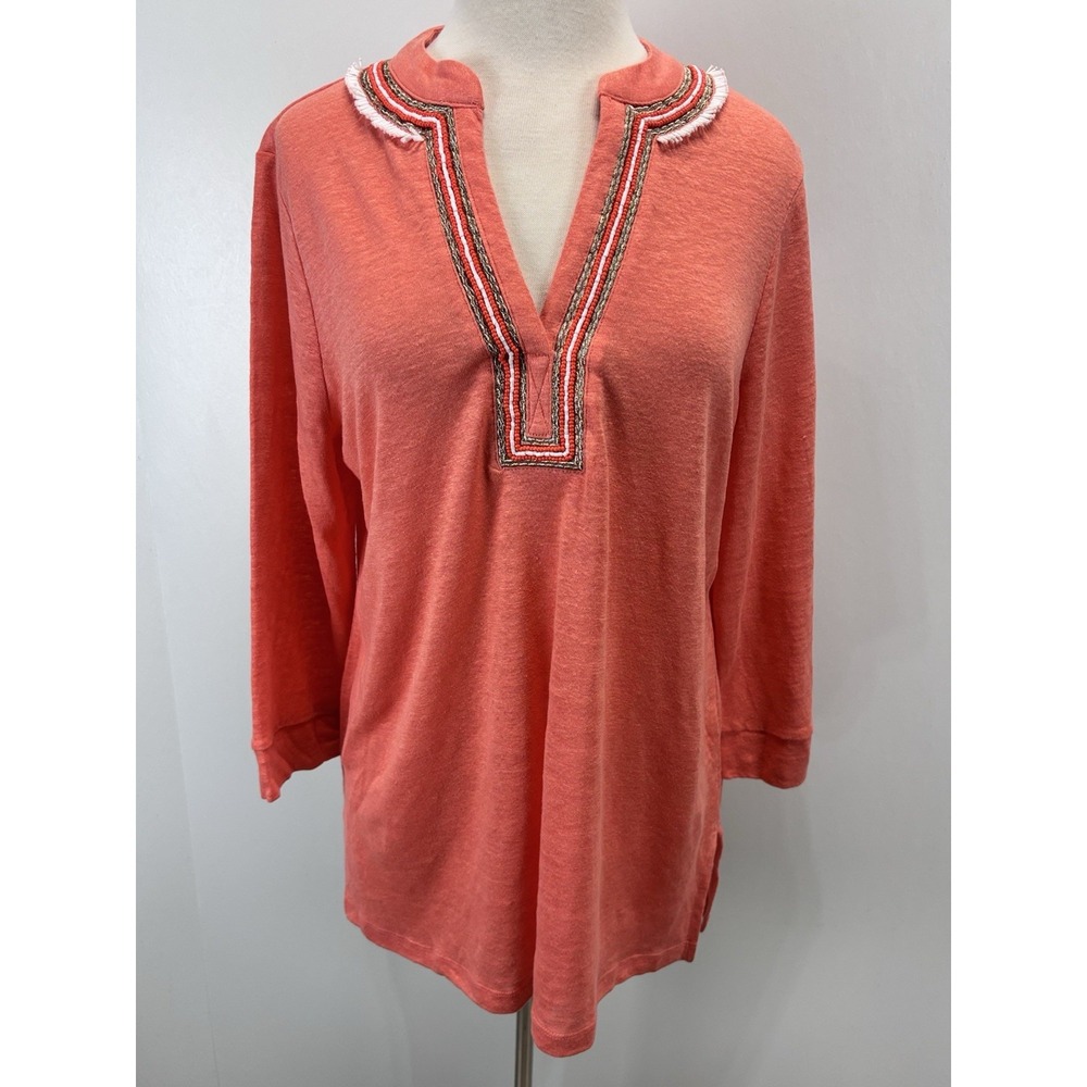 Chicos Linen Embellished Tunic Top Sz 2 US Large Coral Beach Beaded